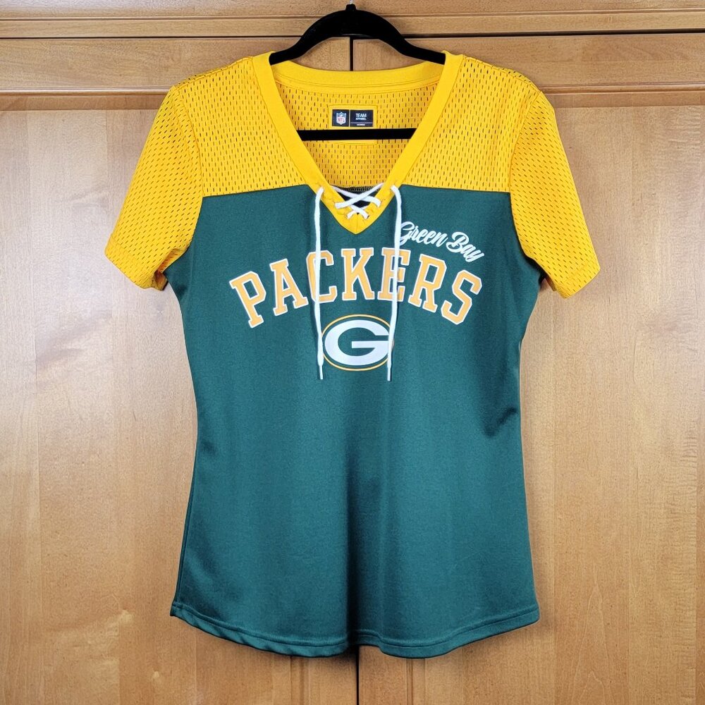 Women's NFL Team Apparel Lace Up V-Neck Green Bay Packers Football T-Shirt - M